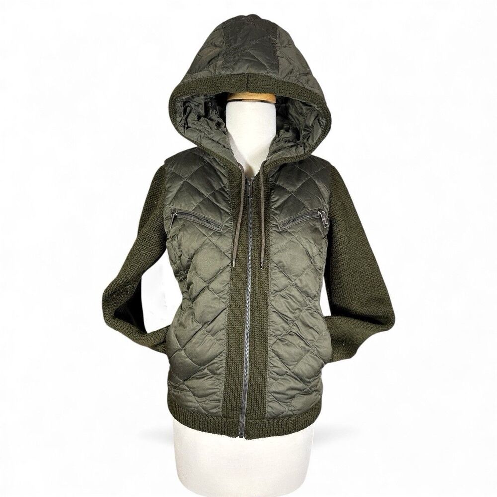 Eddie Bauer Quilted Goose Down Hooded Army Olive Green Jacket Swiss Model Sz XS
